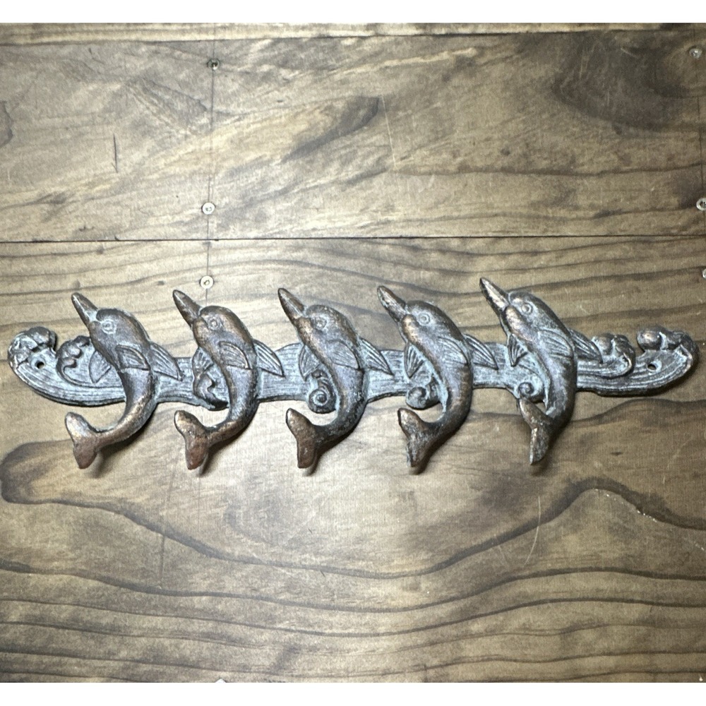 Nautical Dolphin Wall Mounted Cast Iron Hook Rack, 5 Hooks 17 in